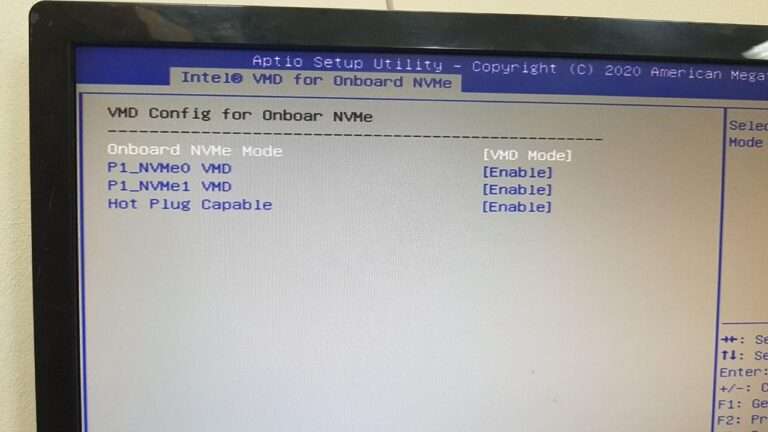 дополнительные пункты меню в Intel VMD for Onboard NVMe